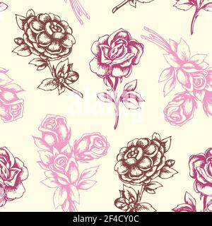 Vintage handgezeichnete florale nahtlose Muster mit rosa Rosen. Vektorhintergrund Stock Vektor