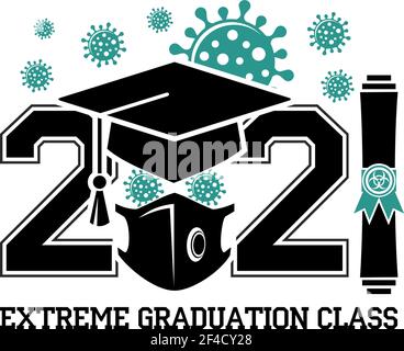 Quarantäne-Abschlussklasse von 2021. Konzept für Flyer, Grußkarte, Prom Einladungen, T-Shirt Uniform Embleme. Vektor auf transparentem Hintergrund Stock Vektor