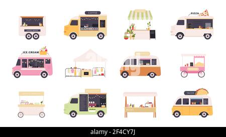 Straßenkioske. Fastfood-Trucks, Zelte und Popcornwagen für Outdoor-Sommermesse. Festival Markt Stand mit Blumen und Kleidung Vektor-Set. Van Street Stock Vektor