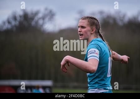 Gloucester, Großbritannien. März 2021, 20th. Vicky Laflin (#11 Worcester Warriors) in Aktion während des Allianz Premier 15s-Matches zwischen Gloucester-Hartpury und Worcester Warriors in der Alpas Arena in Gloucester, England. Kredit: SPP Sport Presse Foto. /Alamy Live Nachrichten Stockfoto