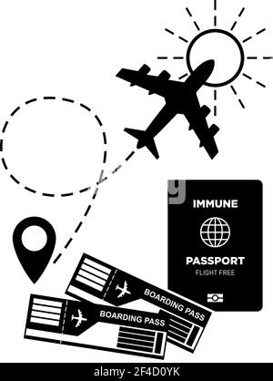 Fluglinienpfad zum Sonnenvektorsymbol. Flugstrecke mit Startpunkt und Strichlinie. Flugtickets und Immun-Pass für Reisen. Ve Stock Vektor