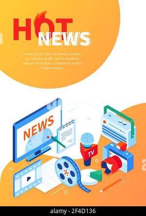 Hot News - modernes buntes isometrisches Webbanner mit Platz für Text. Massenmedien, Interview und globale Kommunikationsidee. Notizen, Kamera, Radio, m Stock Vektor