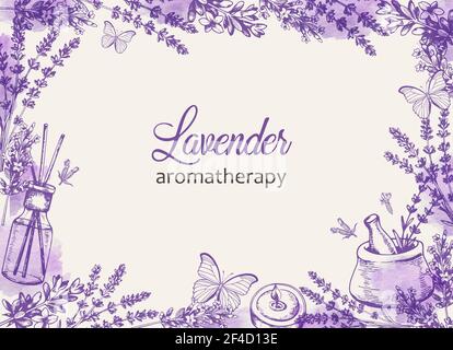 Vintage floralen Rahmen mit lila Lavendel Blumen und Schmetterlinge. Spa und Aromatherapie Zutaten. Handgezeichneter Vektorhintergrund. Stock Vektor