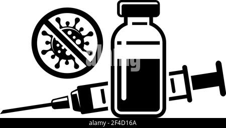 Covid-19 Coronavirus-Impfstoff flaches Symbol. Spritze und Impfstofffläschchen, Stop Coronavirus Zeichen. Vektor auf transparentem Hintergrund Stock Vektor