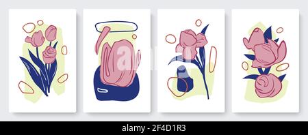 Abstraktes Minimal Flowers Set, Vorlage Hintergrund für Social Media Geschichten Stock Vektor