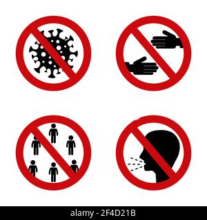 Stop Coronavirus roten Zeichen. Verbotszeichen der Corona-Virus-Infektion. Verbotenes Symbol ohne Handschlag, Husten und öffentliche Plätze Stock Vektor