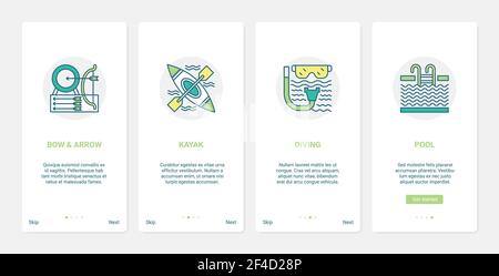 Sportausrüstung für extreme Sport Symbole UX, UI Onboarding mobile App Seite Screen Set Stock Vektor