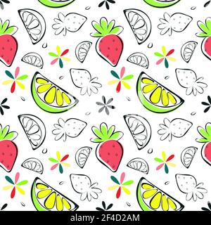 Vektor Sommer Früchte nahtlose Muster, Skizze Hand gezeichnet Zitronenscheibe, Erdbeere, transparente Formen, Blumen in Farben von hellem Rosa, Limettengrün Stock Vektor