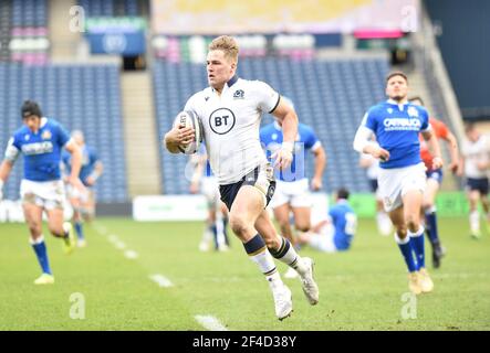 BT Murrayfield Stadium, Edinburgh.Schottland, Großbritannien. März 21, 20th. Guinness Six Nations Match Scotlands Duhan ven der Merwe rast durch für seine 2nd & Schottland letzten Versuch Kredit: eric mccowat/Alamy Live News Stockfoto