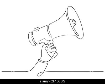 Eine Linie Hand mit Megaphon. Person hält den Lautsprecher in durchgehender Linienführung. Symbol für Verkauf, Einstellung oder Event Ankündigung Vektor-Konzept. Illustra Stock Vektor