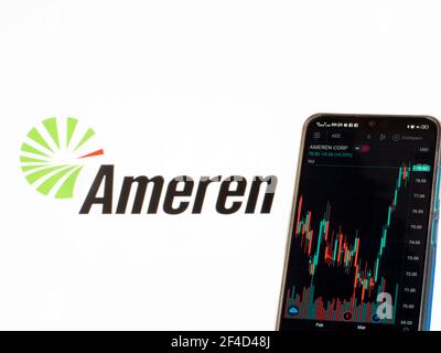Ukraine. März 2021, 20th. In dieser Abbildung sehen Sie die Börsen-Informationen der Ameren Corporation auf einem Smartphone mit dem Ameren Corporation Logo im Hintergrund. (Foto von Igor Golovniov/SOPA Images/Sipa USA) Quelle: SIPA USA/Alamy Live News Stockfoto