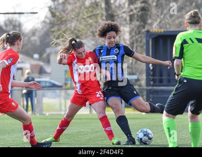 Sint Andries, Belgien. März 2021, 20th. Davinia Vanmechelen (25) von Standard in einem Duell mit Tracy Furo (14) von Club Brugge während eines weiblichen Fußballspiels zwischen Club Brugge Dames YLA und Standard Femina de Liege am 17. Spieltag der Saison 2020 - 2021 der belgischen Scooore Womens Super League, samstag 20 März 2021 in Brügge, Belgien . FOTO SPORTPIX.BE - David CATRY Quelle: SPP Sport Press Foto. /Alamy Live Nachrichten Stockfoto