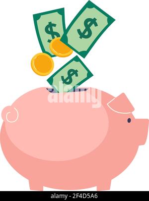 Füllen von Sparschweinen mit Goldmünzen und Banknoten. Dollar-Akkumulation. Vektorgrafik im flachen Stil Stock Vektor