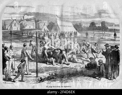 Illustration aus dem spanischen Magazin El Panorama von 1868 mit dem Titel The Ball Game in England. Die Tage, in denen Fußball für alle kostenlos war. Stockfoto