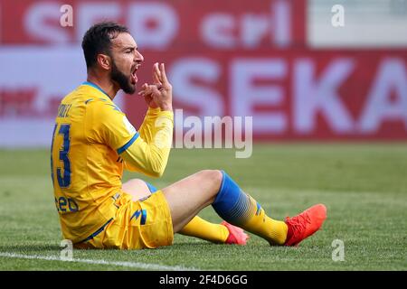 Luigi Vitale von Rosinone reagiert während der italienischen Meisterschaft, BKT Lega Serie B Fußballspiel zwischen Frosinone Calcio und US Lecce am 20. März 2021 im Benito Stirpe Stadion in Frosinone, Italien - Foto Federico Proietti / DPPI Stockfoto