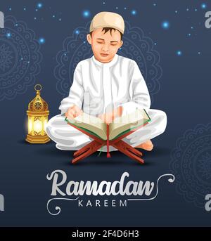 ramadan Kareem und eid mubarak Grüße. Islamische junge Lesen Quran Vektor Illustration Design Stock Vektor