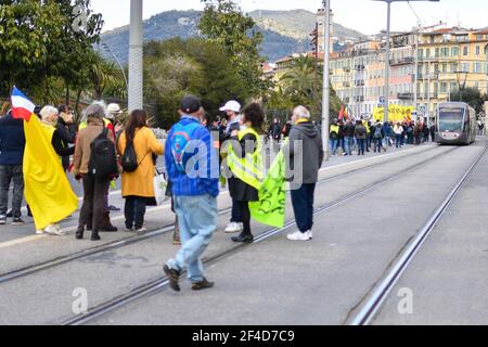 Demonstration gegen das globale Sicherheitsgesetz in Nizza, Frankreich, am 20. März 2021. Foto von Lionel Urman/ABACAPRESS.COM Stockfoto