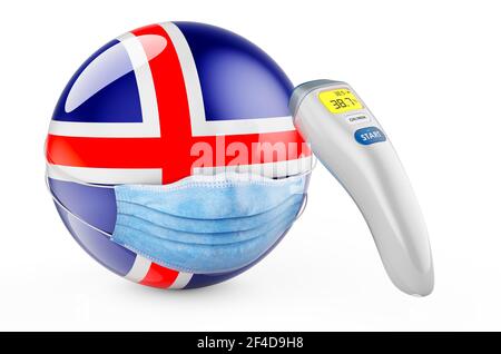 Isländische Flagge mit medizinischer Maske und elektronischem Infrarot-Thermometer. Pandemie in Island Konzept, 3D Rendering isoliert auf weißem Hintergrund Stockfoto