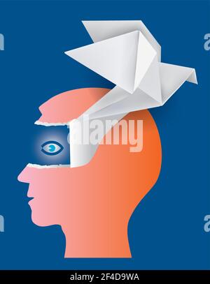 Öffnen Sie die Augen, Origami-Taube, Psychologie-Konzept. Roter männlicher Kopf in Profil und Papiertaube zerreißend Papier und Aufdecken Auge. Vektor verfügbar. Stock Vektor