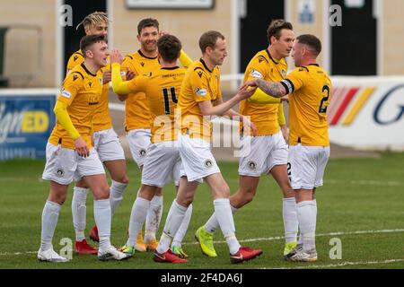 Elgin, Großbritannien. März 2021, 20th. 20. März 2021. Dies ist aus der Scottish League One Match zwischen Elgin City und Edinburgh City. Edinburgh Celebrate the Goal von Robbie Macintire Credit: JASPERIMAGE/Alamy Live News Stockfoto