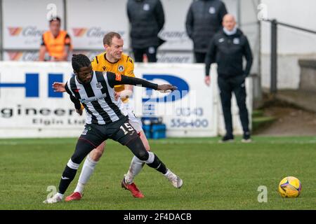 Elgin, Großbritannien. März 2021, 20th. 20. März 2021. Dies ist aus der Scottish League One Match zwischen Elgin City und Edinburgh City. Front Elgin Smart Osadolor Credit: JASPERIMAGE/Alamy Live News Stockfoto