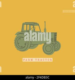 Vektordarstellung eines landwirtschaftlichen Traktors oder Erntemaschinen. Einfach, flach, grün und gelb, Retro-Stil. Typische Ausrüstung für agro-industrielle komplexe Stock Vektor