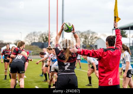 London, Großbritannien. März 2021, 20th. Mai Campbell of Saracens Women bereitet die Line-in während des Womens Allianz Premier 15s-Matches zwischen Saracens Women und Exeter Chiefs Women am 20. März 2021 im Stonex Stadium, London, England, vor. Foto von Phil Hutchinson. Nur redaktionelle Verwendung, Lizenz für kommerzielle Nutzung erforderlich. Keine Verwendung bei Wetten, Spielen oder Veröffentlichungen einzelner Vereine/Vereine/Spieler. Kredit: UK Sports Pics Ltd/Alamy Live Nachrichten Stockfoto