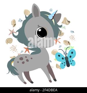 Kleines Baby Einhorn. Isoliertes Objekt auf weißem Hintergrund. Fröhliche Kind Tier. Cartoons im flachen Stil. Lustig. Vektor Stock Vektor