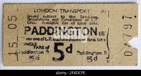 1950s London Transport U-Bahn oder U-Bahn-Ticket von Paddington Station Stockfoto