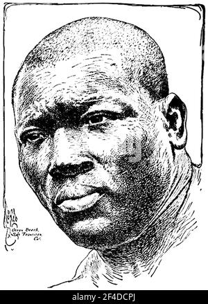 Oldtimer-Porträt des Boxers Jack Johnson (1878 – 1946) – Johnson, bekannt als „der Galveston-Riese“, war der erste Afroamerikaner, der Weltmeister im Schwergewicht wurde und den Titel von 1908 bis 1915 hielt. Zeitungsillustration um 1910. Stockfoto