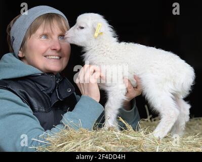 Roskow, Deutschland. März 2021, 15th. Bäuerin Katja Behling vom Skuddenhof im Weseram-Bezirk Roskow streichelt Danika, ein Lamm, das am 07,03.2021 geboren wurde. Zusammen mit ihrem Mann betreibt die gelernte Einzelhandelskauffrau die Zucht von Skudden, der kleinsten einheimischen Schafrasse, die zu den ältesten Hausschafrassen zählt und weiße Mischwolle produziert. Die Skudde ist auf der Roten Liste der gefährdeten Tierrassen. Quelle: Soeren Stache/dpa-Zentralbild/ZB/dpa/Alamy Live News Stockfoto