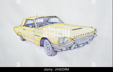 Bleistiftzeichnung von Classic Ford Thunderbird Yellow American Car auf weißem Hintergrund. Stockfoto