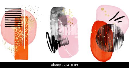 Setzen Sie Kontrast abstrakte Formen, rot Splash Gold. Pink Aquarell Konzept. Lebendiges Poster, kreative Einladung. Vektor dekorative Grußvorlage, invitatio Stock Vektor