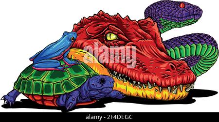 Set von Reptilien und Amphibien. Wildes Krokodil, Schlange, Schildkröte und Frosch Stock Vektor