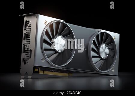 Grafikkarte. Moderne Gaming GPU Grafikprozessor auf schwarz. 3D Abbildung Stockfoto