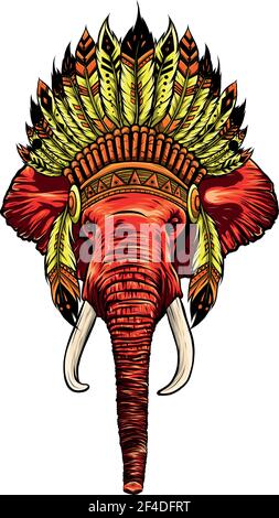 Elefantenkopf mit kopfschmuck des indianischen Häuptlings. Stock Vektor
