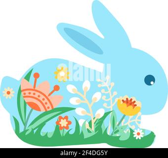 Festlicher Osterhase mit Blumen geschmückt. Vektor-Illustration der Happy Easter Ikone. Stock Vektor