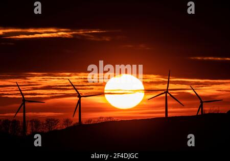 Jackerath, Deutschland. März 2021, 20th. Die Sonne sinkt hinter mehreren Windturbinen am Horizont. Auch in den kommenden Tagen kann es empfindlich kalt bleiben, vor allem nachts. Quelle: Boris Roessler/dpa/Alamy Live News Stockfoto