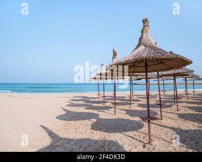 Sommerlandschaft mit Strohschirmen am Strand in Mangalia oder Mamaia. Strand am Schwarzen Meer in Rumänien. Stockfoto