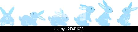 Ein Set von niedlichen blauen Kaninchen. Sechs farbige sitzende und liegende Hasen auf weißem Hintergrund. Festliche Osterhasen. Vektorgrafik Stock Vektor