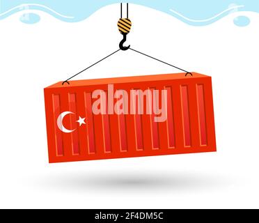 Hafenkran holt Frachtcontainer mit Flagge Chinas ab. Rote Ladung im Container hebt auf Winde. Ladung entladen oder laden. Vektorgrafik Stock Vektor