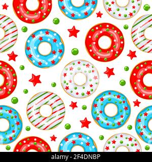 Mobil. VectorChristmas Donuts - Vektor nahtlose Muster für Stoff, Geschenkpapier, Tapete, Hintergrund für die Website. Festliches Muster aus weißen, roten und blauen Donuts mit Sternen und Kugeln auf weißem Hintergrund. Illustration Stock Vektor