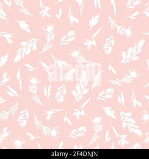 Rosa Nahtloses Muster mit kleinen Pflanzen. Botanisches Design von Stoffen, Tapeten, Naturkosmetik, Parfüms, Verpackungen. Hintergrund mit zarten weißen Blüten und Pflanzen. Vektorgrafik, flach. Stock Vektor