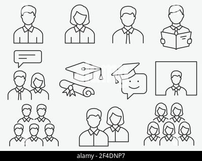 Set von Studenten Symbole, wie Bildung, Gruppe, Webinar, akademisch und mehr. Bearbeitbare Kontur. Stock Vektor