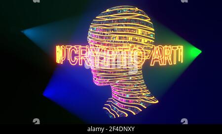 Crypto Art Concept - digital human 3D Kopf, 3D Rendering in Kino-Stil Atmosphäre mit Text, 3D Rendering Stockfoto