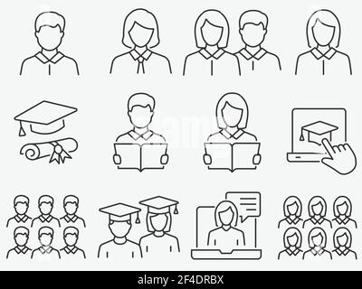 Set von Studenten Symbole, wie Bildung, Gruppe, Webinar, akademisch und mehr. Bearbeitbare Kontur. Stock Vektor