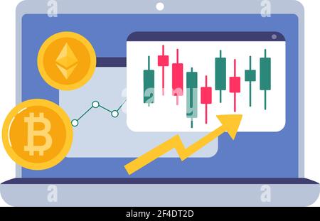 Bitcoin und Ethereum Kurs auf einem Candlestick-Chart, Kryptowährungskurse. Blockchain-Technologie auf Ihrem Laptop. Vektorgrafik im flachen Stil. Stock Vektor