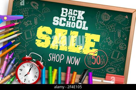 Zurück zur Schule Verkauf Vektor Banner Design. Back to School Sale bis zu 50% Rabatt auf Text mit Tafel und Kursteilnehmermaterial Elemente für pädagogische Promo. Stock Vektor