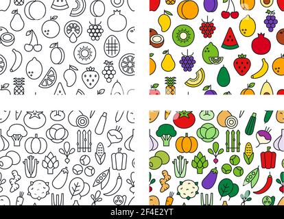 Set von Vektor nahtlose Muster mit Obst und Gemüse. Endlose Textur, Hintergrund, Tapete. Lineare Farbsymbole. Kontur, Form, Kontur Stock Vektor