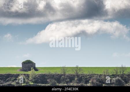 Kleine Bauernhütte auf der Spitze des Hügels in der Mitte eines grünen Getreidefeldes mit einem bewölkten Himmel, Landschaft Stockfoto